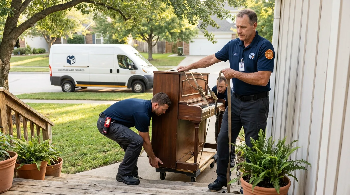 Licensed piano movers securing grand piano in Pennsauken, NJ
