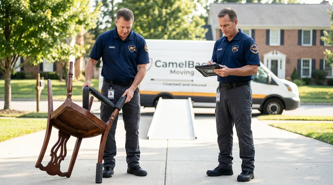 Movers inspecting furniture for damage prevention before loading in Pennsauken, NJ
