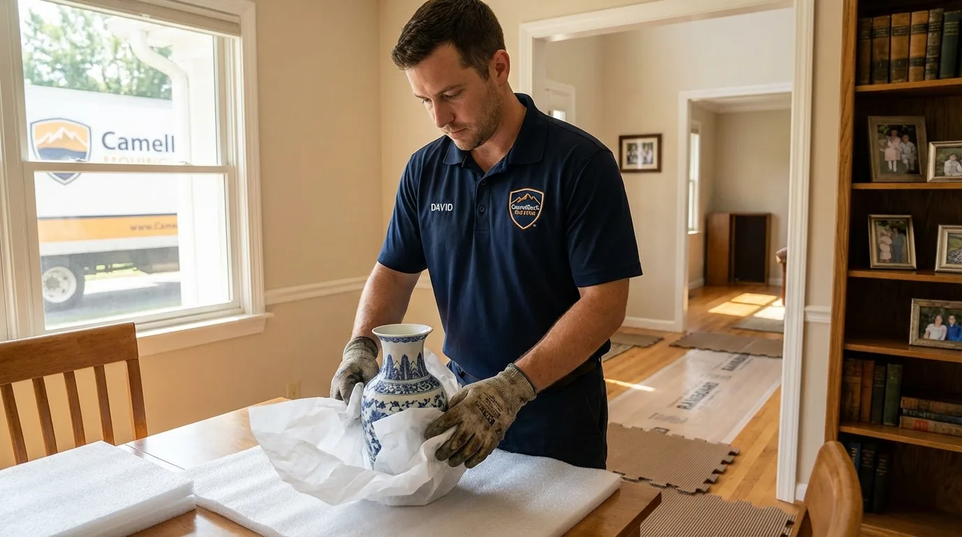 Professional crew carefully wrapping antique vase for senior downsizing move in Pennsauken, NJ